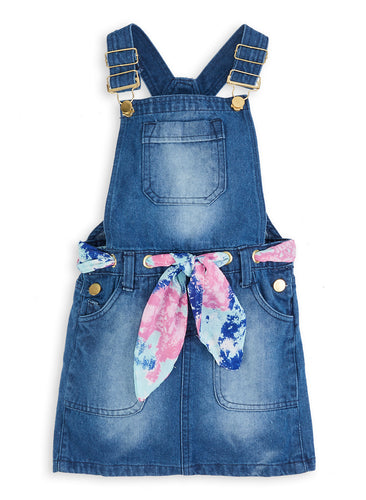 Girls Threaded Belt Denim Overall Dress